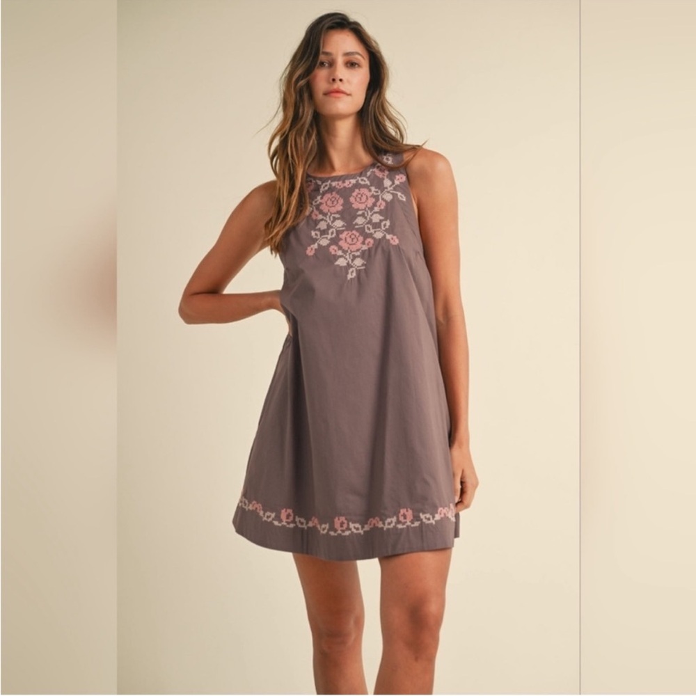 Anthropologie Mable dark plum embroidery Floral print mini dress M NWT - Picture 2 of 12